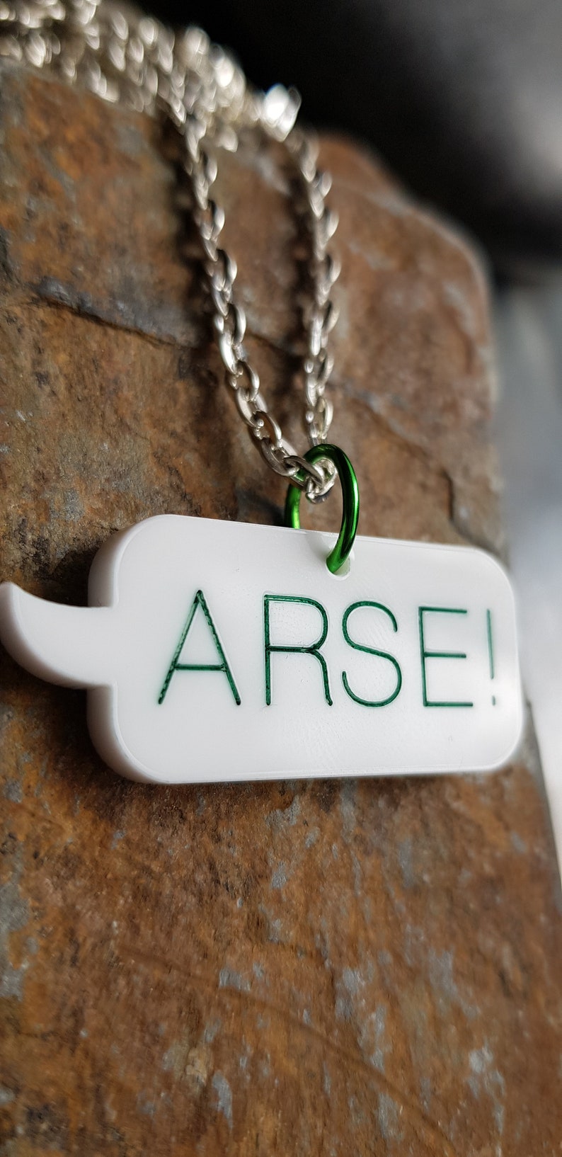 Speech Bubble Laser Cut Acrylic Necklace with 20 Inch Silver Plate Chain ARSE Blue Pink or Green Lettering.