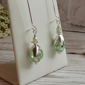 Flower Bud Inspired Long Dangle Earrings, Mint Green Crackle Glass Bead Drops, Silver Plate Latch Back, Snowdrop, Blossom, Floral, Fresh image 2