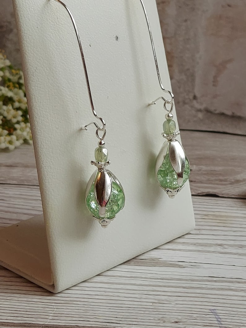 Flower Bud Inspired Long Dangle Earrings, Mint Green Crackle Glass Bead Drops, Silver Plate Latch Back, Snowdrop, Blossom, Floral, Fresh image 2