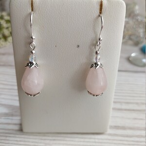 Rose Quartz Crystal Gemstone Earrings, Classic Elegant Drops, Sterling, Silver Plate, Clip-on Option, Bridal Wear, Bridesmaid, Prom Gift image 8