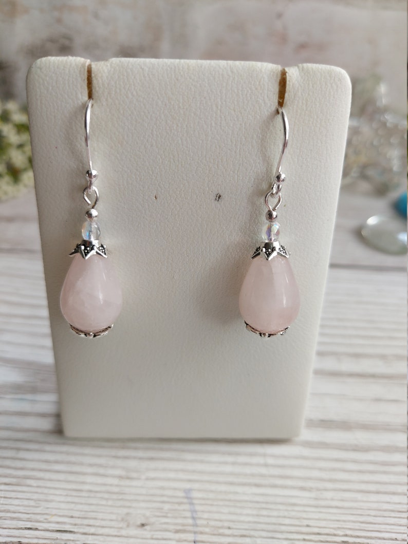 Rose Quartz Crystal Gemstone Earrings, Classic Elegant Drops, Sterling, Silver Plate, Clip-on Option, Bridal Wear, Bridesmaid, Prom Gift image 8