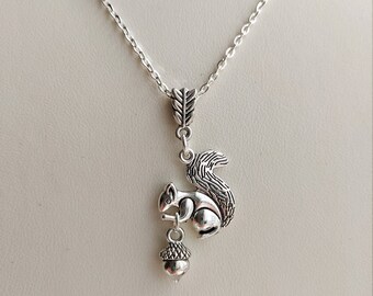 Squirrel and Acorn Pendant Necklace. Silver Plate Personalise Choose Chain length. Extendable, Gift for Nature lover, Oak Tree Nut,
