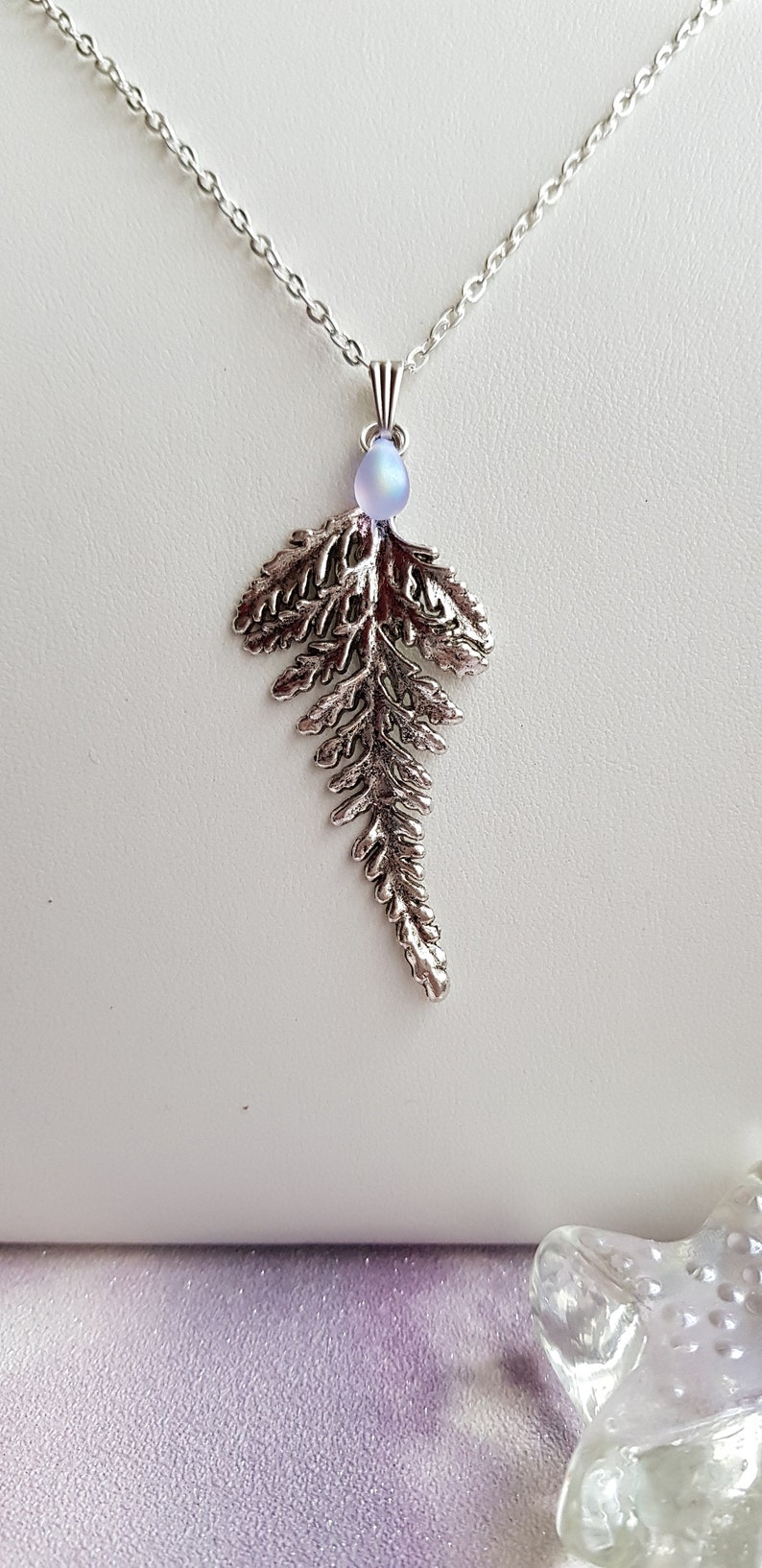 Large Fern Leaf Pendant Necklace, Layering, Choose 16 26 Silver Plate Chain, Extendable, Nature, Foliage, Bracken, Teardrop Frosted Glass image 7