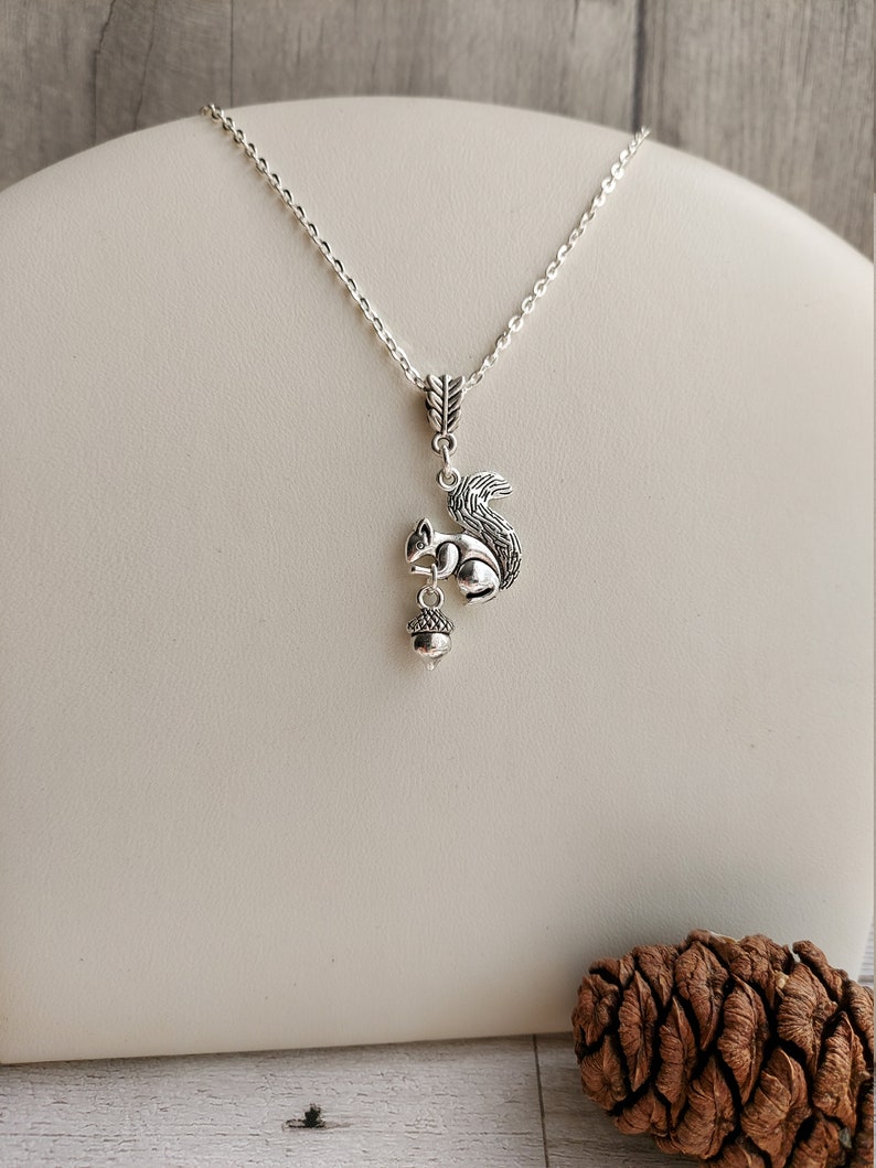 Squirrel and Acorn Pendant Necklace. Silver Plate Personalise Choose Chain length. Extendable, Gift for Nature lover, Oak Tree Nut, image 2