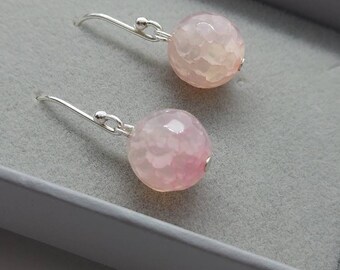 Pastel Pink Peach Agate Gemstone 925 Sterling Silver Drop Earrings, Classic, Elegant, Pretty, Small, Wedding, Prom Bridesmaid, Bridal Wear,