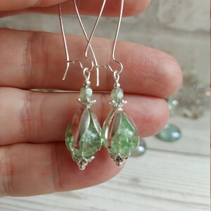 Flower Bud Inspired Long Dangle Earrings, Mint Green Crackle Glass Bead Drops, Silver Plate Latch Back, Snowdrop, Blossom, Floral, Fresh image 3