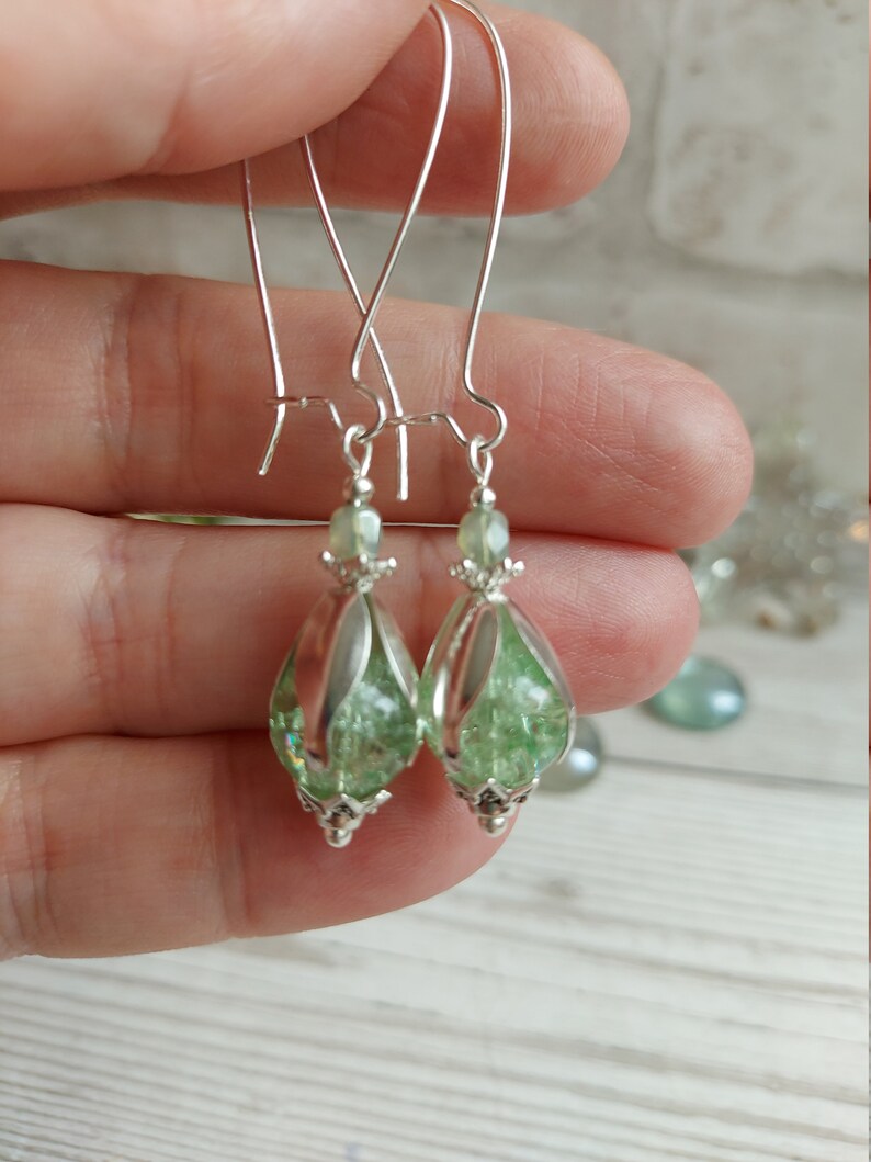 Flower Bud Inspired Long Dangle Earrings, Mint Green Crackle Glass Bead Drops, Silver Plate Latch Back, Snowdrop, Blossom, Floral, Fresh image 3