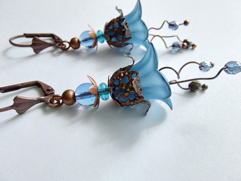 Bluebell Flower earrings, Handmade Boho Floral Dangle Drops, Copper Lever Back, Flower Forest Fairy Cottage Core, Blossom, Gift Box Included image 5