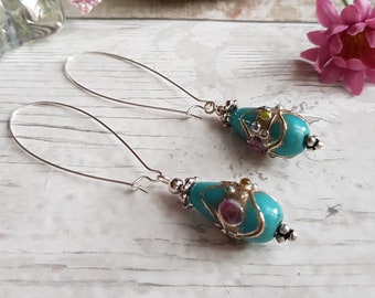 Turquoise Blue Indian Lampwork Glass, Sterling Silver or Silver Plate Ear Wires LONG Dangle Earrings, Boho Summer Vibes, Gift for Her Them