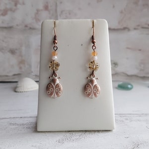 Ladybird Flower Dangle Earrings, Rustic White Washed Antiqued Copper Tone, Pretty Floral Drops, Gift for Ladybug Lover, Nature Theme, Cute. image 1