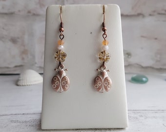 Ladybird Flower Dangle Earrings, Rustic White Washed Antiqued Copper Tone, Pretty Floral Drops, Gift for Ladybug Lover, Nature Theme, Cute.