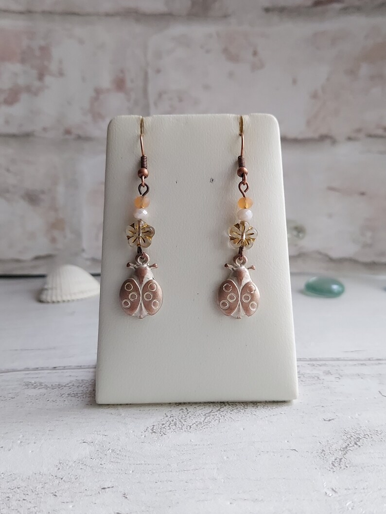 Ladybird Flower Dangle Earrings, Rustic White Washed Antiqued Copper Tone, Pretty Floral Drops, Gift for Ladybug Lover, Nature Theme, Cute. image 1