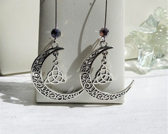 Large Filigree Crescent Moon with Celtic Triquetra and Purple Glass Beads, Dangle Earrings with Tibetan Silver Charms on Silver Plate Hooks.