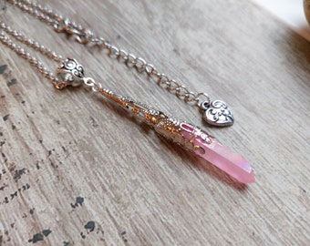 Pink Quartz Point Crystal Gemstone Pendant Necklace, Silver Plate Chain Plus Extender. Gothic Necklace, Boho Hippy Gift