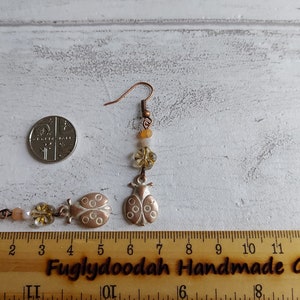 Ladybird Flower Dangle Earrings, Rustic White Washed Antiqued Copper Tone, Pretty Floral Drops, Gift for Ladybug Lover, Nature Theme, Cute. image 7