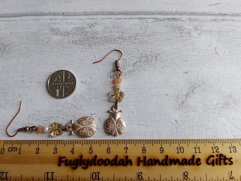 Ladybird Flower Dangle Earrings, Rustic White Washed Antiqued Copper Tone, Pretty Floral Drops, Gift for Ladybug Lover, Nature Theme, Cute. image 7