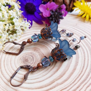 Bluebell Flower earrings, Handmade Boho Floral Dangle Drops, Copper Lever Back, Flower Forest Fairy Cottage Core, Blossom, Gift Box Included Lever back hook