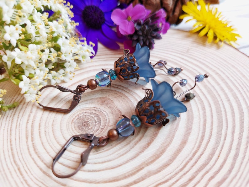 Bluebell Flower earrings, Handmade Boho Floral Dangle Drops, Copper Lever Back, Flower Forest Fairy Cottage Core, Blossom, Gift Box Included Lever back hook