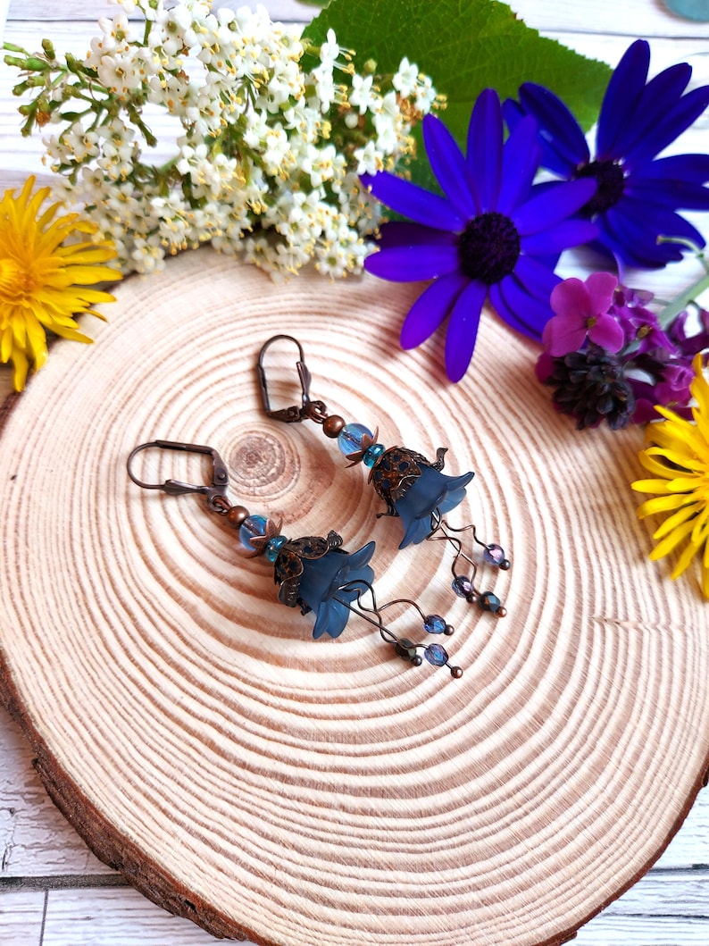 Bluebell Flower earrings, Handmade Boho Floral Dangle Drops, Copper Lever Back, Flower Forest Fairy Cottage Core, Blossom, Gift Box Included image 3