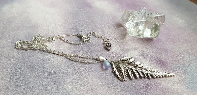 Large Fern Leaf Pendant Necklace, Layering, Choose 16 26 Silver Plate Chain, Extendable, Nature, Foliage, Bracken, Teardrop Frosted Glass image 2