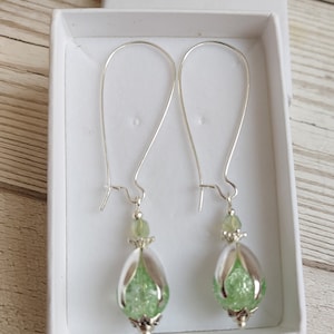 Flower Bud Inspired Long Dangle Earrings, Mint Green Crackle Glass Bead Drops, Silver Plate Latch Back, Snowdrop, Blossom, Floral, Fresh image 10