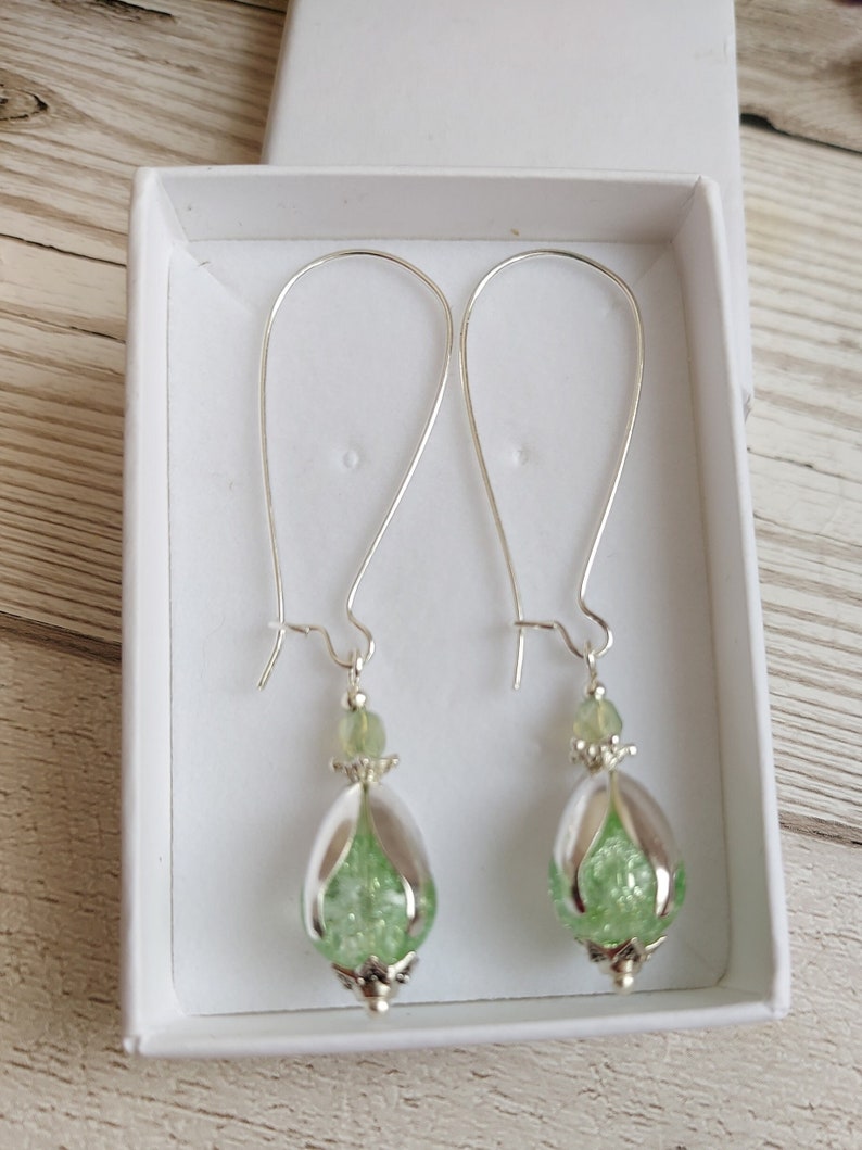 Flower Bud Inspired Long Dangle Earrings, Mint Green Crackle Glass Bead Drops, Silver Plate Latch Back, Snowdrop, Blossom, Floral, Fresh image 10