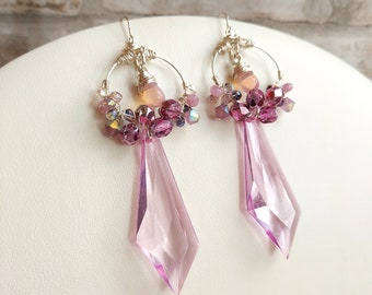 Large Pink & Berry Dangle Earrings, Tangle Wrapped Rose Quartz, Czech Glass, Acrylic Point Drops, Sterling Silver Hooks. Statement Maximal