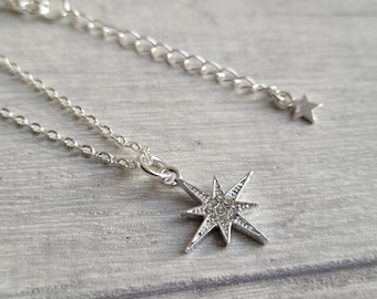 North Star Diamante Pendant Necklace, Extendable, Silver Plate, Chain Length Choice, Celestial, Christmas Stocking Stuffer, Gift for a Star