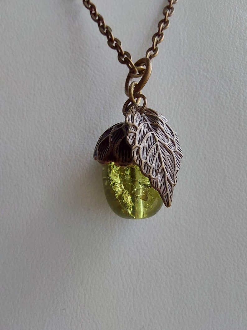 Olive Green Crackle Glass Acorn Pendant Necklace. Bronze Tone Choose Chain length. Extendable, Gift for Nature lover, Oak Tree Nut, Moss image 1