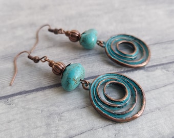 Boho Style Magnesite Gemstone Dangle Earrings, Turquoise Verdigris Rustic Copper Tone Hippy Drops, Geometric, Infinity Swirl Spiral Love