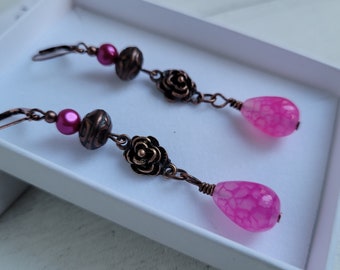 Pink Agate Teardrop and Copper Rose Long Dangle Earrings, Glass Pearl Edwardian Art Nouveau Inspired Drop Lever Back Gothic Earrings