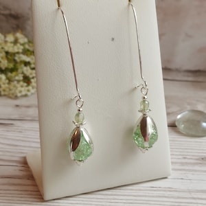 Flower Bud Inspired Long Dangle Earrings, Mint Green Crackle Glass Bead Drops, Silver Plate Latch Back, Snowdrop, Blossom, Floral, Fresh image 6