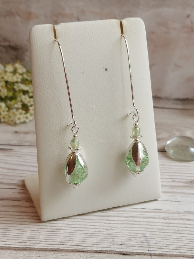 Flower Bud Inspired Long Dangle Earrings, Mint Green Crackle Glass Bead Drops, Silver Plate Latch Back, Snowdrop, Blossom, Floral, Fresh image 6