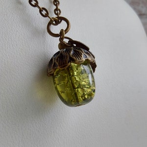 Olive Green Crackle Glass Acorn Pendant Necklace. Bronze Tone Choose Chain length. Extendable, Gift for Nature lover, Oak Tree Nut, Moss image 7