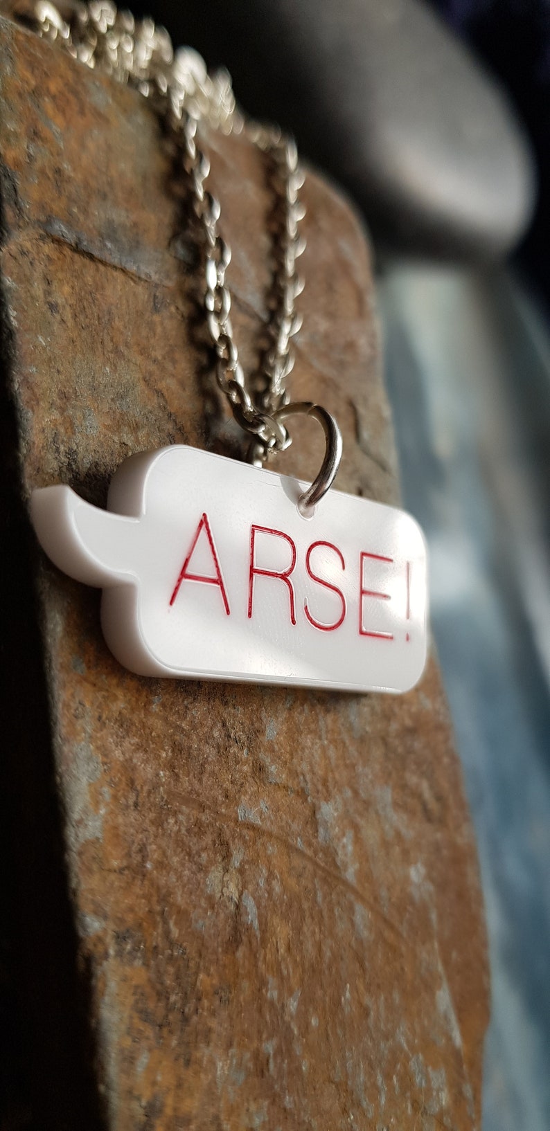 Speech Bubble Laser Cut Acrylic Necklace with 20 Inch Silver Plate Chain ARSE Blue Pink or Green Lettering.