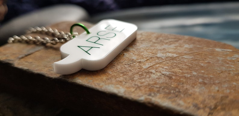 Speech Bubble Laser Cut Acrylic Necklace with 20 Inch Silver Plate Chain ARSE Blue Pink or Green Lettering.