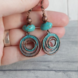 Boho Style Magnesite Gemstone Dangle Earrings, Turquoise Verdigris Rustic Copper Tone Hippy Drops, Geometric, Infinity Swirl Spiral Love image 7