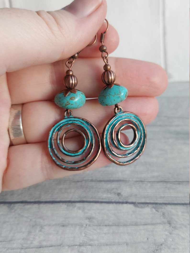 Boho Style Magnesite Gemstone Dangle Earrings, Turquoise Verdigris Rustic Copper Tone Hippy Drops, Geometric, Infinity Swirl Spiral Love image 7