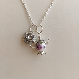 Teapot Cup & Saucer Charm Necklace, Pink, Purple, Blue, Floral Bead, Silver Plated Extendable Chain, Fun Gift for Tea Lover, Cottagecore