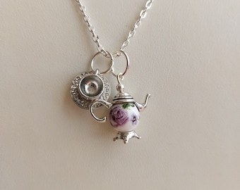 Teapot Cup & Saucer Charm Necklace, Pink, Purple, Blue, Floral Bead, Silver Plated Extendable Chain, Fun Gift for Tea Lover, Cottagecore