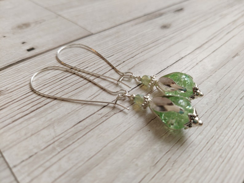 Flower Bud Inspired Long Dangle Earrings, Mint Green Crackle Glass Bead Drops, Silver Plate Latch Back, Snowdrop, Blossom, Floral, Fresh image 8
