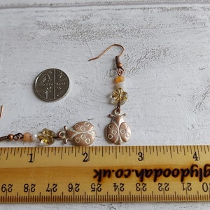Ladybird Flower Dangle Earrings, Rustic White Washed Antiqued Copper Tone, Pretty Floral Drops, Gift for Ladybug Lover, Nature Theme, Cute. image 8