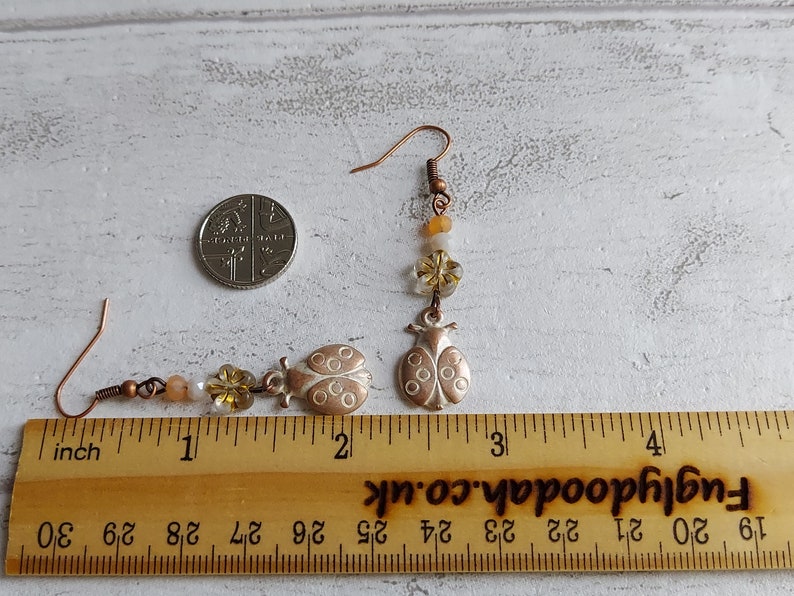 Ladybird Flower Dangle Earrings, Rustic White Washed Antiqued Copper Tone, Pretty Floral Drops, Gift for Ladybug Lover, Nature Theme, Cute. image 8