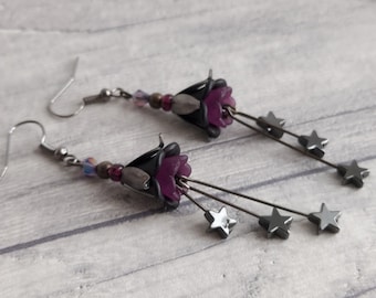 Black and Purple Lucite Flower Bell with Hematite Gemstone Stars Dangle Earrings, Handmade Floral Blossom Drops, Victorian Gothic Inspired