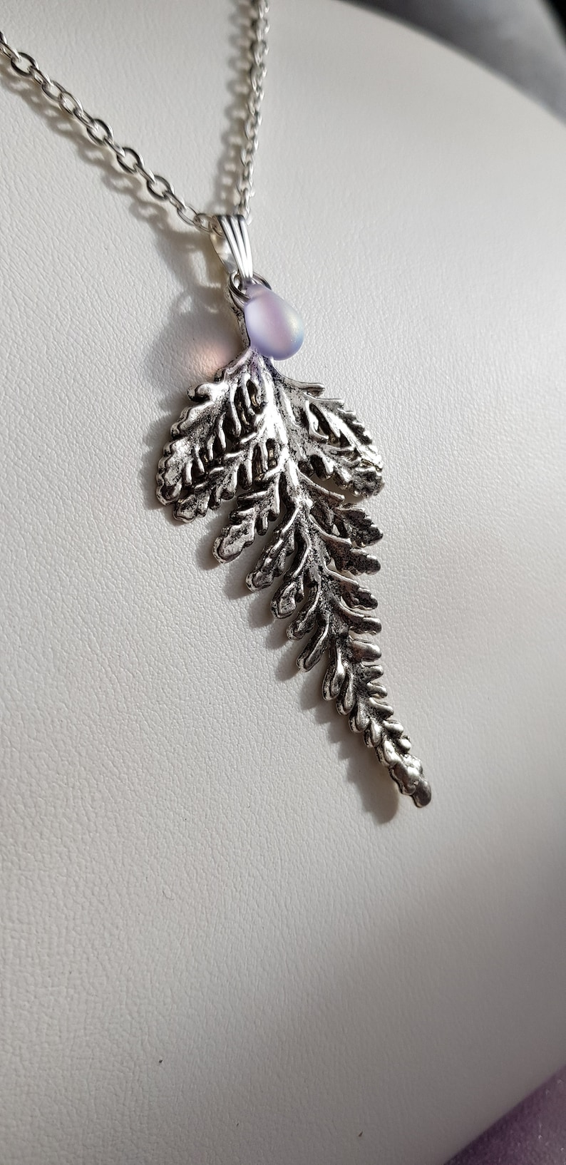 Large Fern Leaf Pendant Necklace, Layering, Choose 16 26 Silver Plate Chain, Extendable, Nature, Foliage, Bracken, Teardrop Frosted Glass image 4