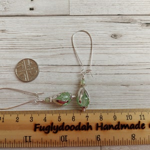 Flower Bud Inspired Long Dangle Earrings, Mint Green Crackle Glass Bead Drops, Silver Plate Latch Back, Snowdrop, Blossom, Floral, Fresh image 4