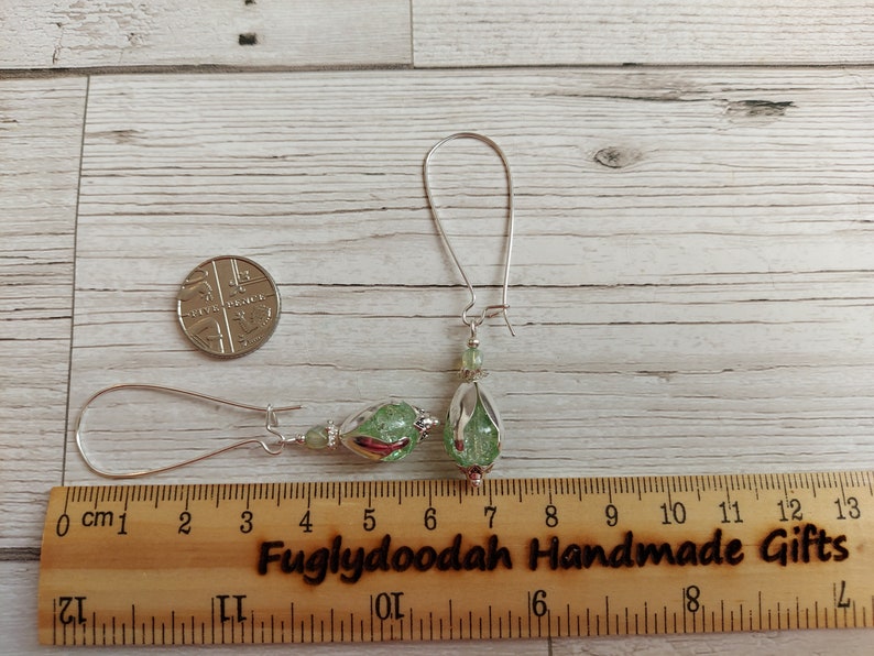 Flower Bud Inspired Long Dangle Earrings, Mint Green Crackle Glass Bead Drops, Silver Plate Latch Back, Snowdrop, Blossom, Floral, Fresh image 4