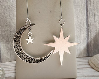 Large Filigree Crescent Moon & North Star Mismatched Dangle Earrings, Big Statement Drops, Silver Plate Hooks, Tibetan Silver Charm, Wicca