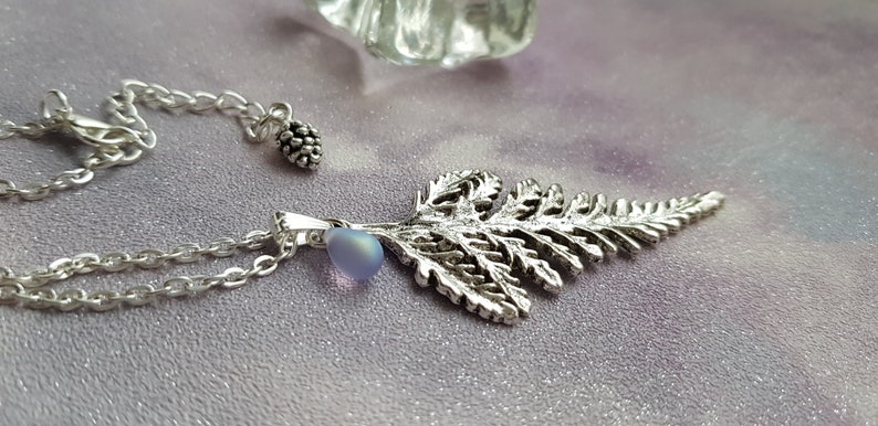 Large Fern Leaf Pendant Necklace, Layering, Choose 16 26 Silver Plate Chain, Extendable, Nature, Foliage, Bracken, Teardrop Frosted Glass image 1