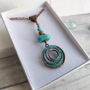 Boho Style Magnesite Pendant Necklace, Turquoise Verdigris Rustic Copper Tone, Geometric, Extendable Chain, Choose Length